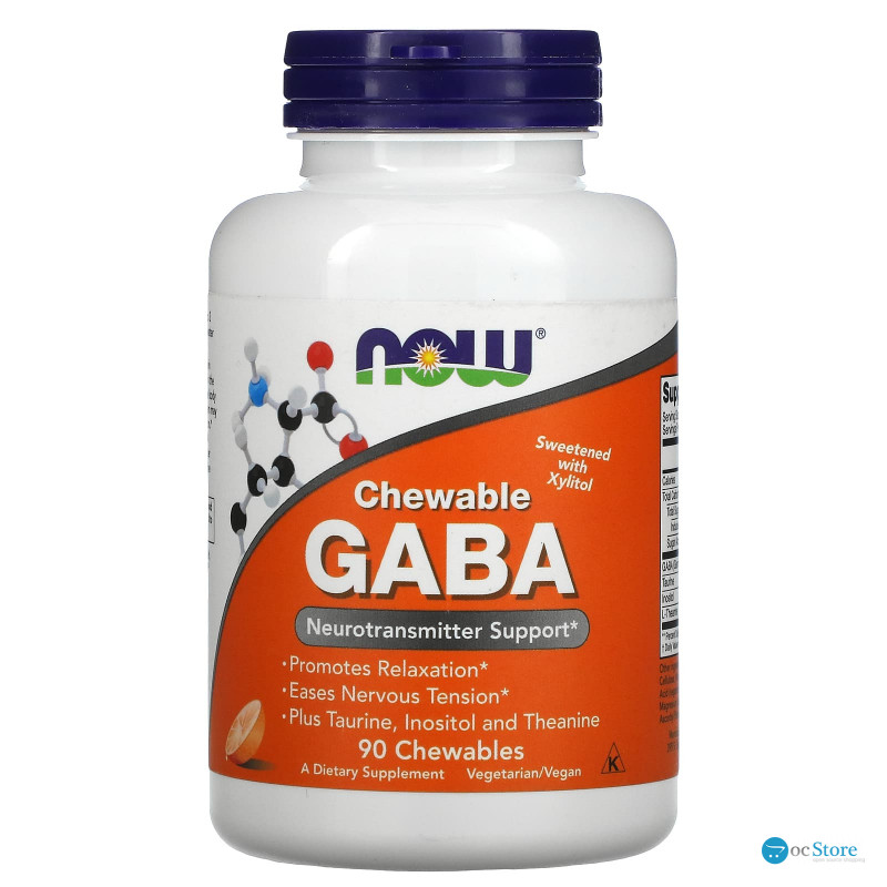ГАМК, Гамма-аміномасляна кислота, GABA, Now Foods, апельсиновий смак, 90 жувальних таблеток