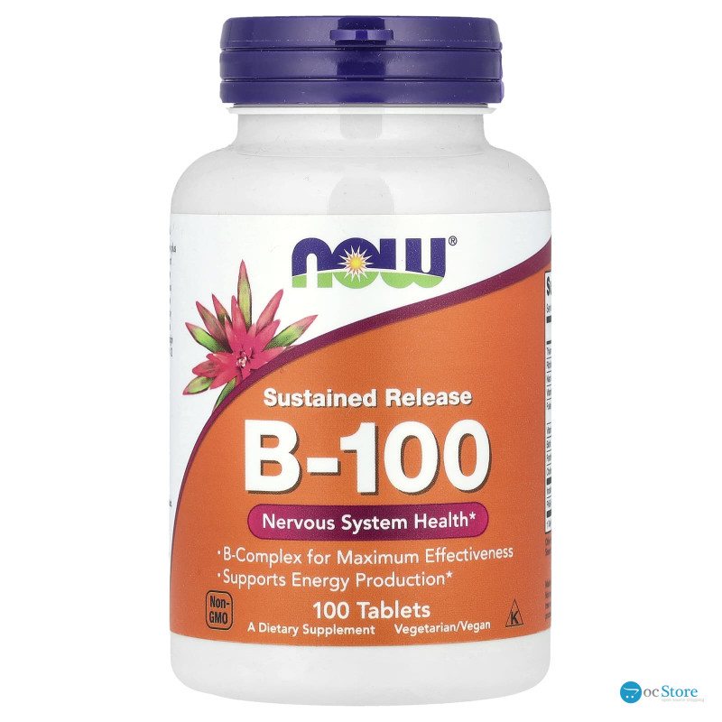 В комплекс, В-100, Sustained Release B-100, NOW Foods, уповільнене вивільнення, 100 таблеток