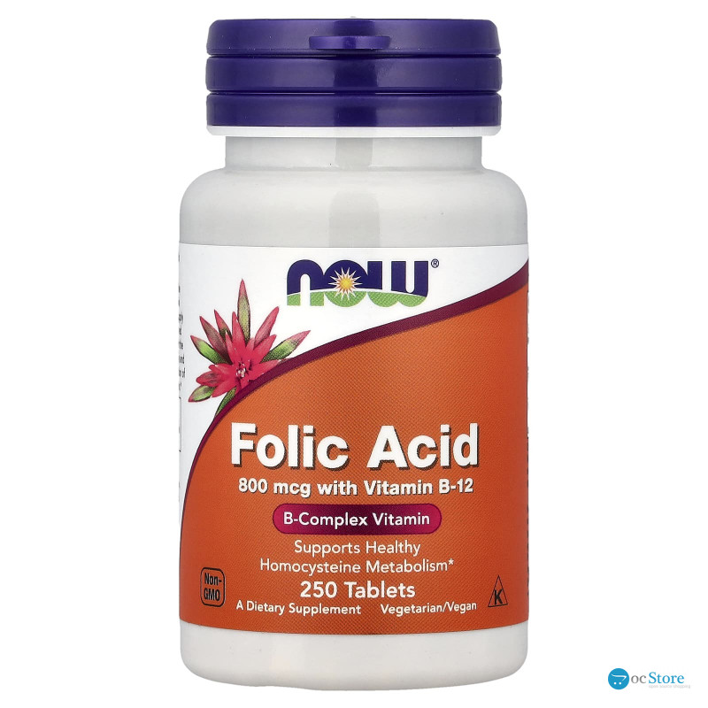 Фолієва кислота і вітамін В-12, Folic Acid, Now Foods, 800 мкг, 250 таблеток