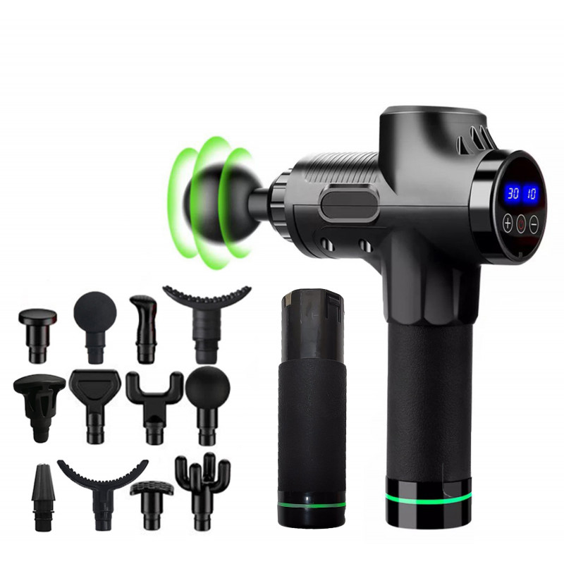 Ударный перкуссионный массажер  Massage Gun Max- 30 режимов +12 насадок +запасная батарея +кейс (Черный)
