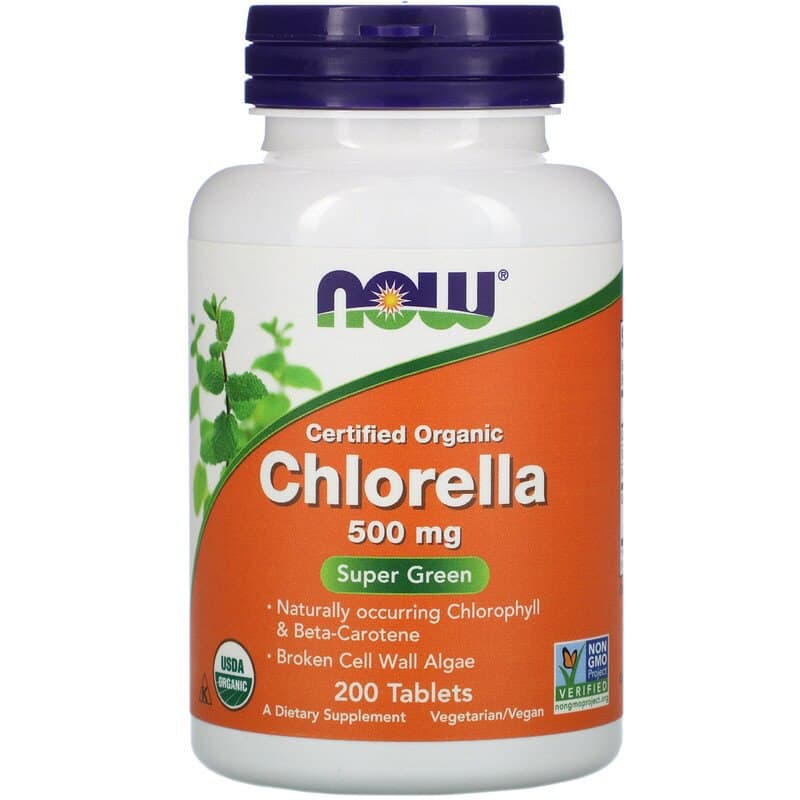 Хлорела, Chlorella, NOW Foods, сертифікована, органічна, 500 мг, 200 таблеток