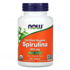 Спіруліна, Spirulina, Now Foods, сертифікована, органічна, 500 мг, 200 таблеток