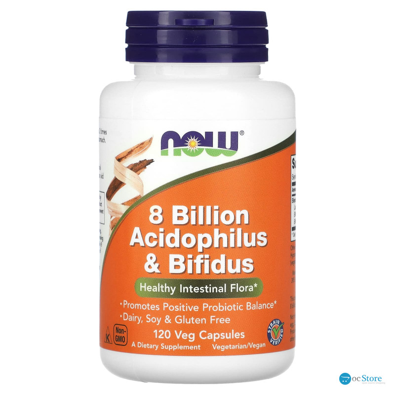 Пробіотик, Acidophilus & Bifidus, NOW Foods, 8 млрд КУО, 120 вегетаріанських капсул
