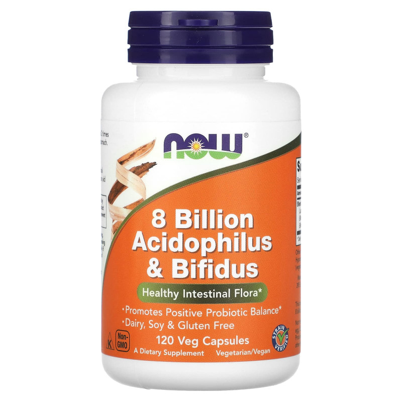 Пробіотик, Acidophilus & Bifidus, NOW Foods, 8 млрд КУО, 120 вегетаріанських капсул