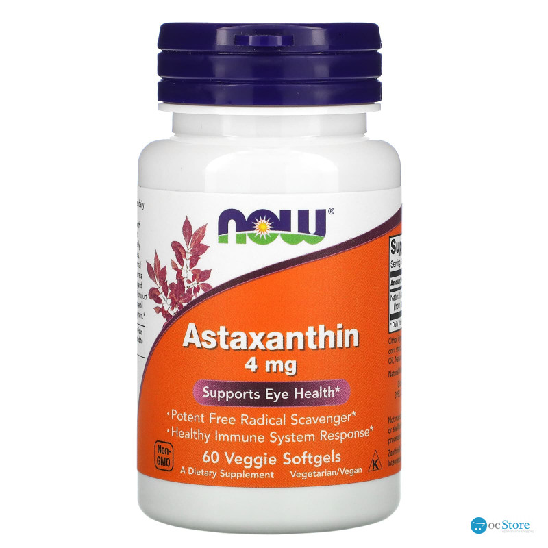 Астаксантин, Astaxanthin, NOW Foods, 4 мг, 60 вегетаріанських гелевих капсул