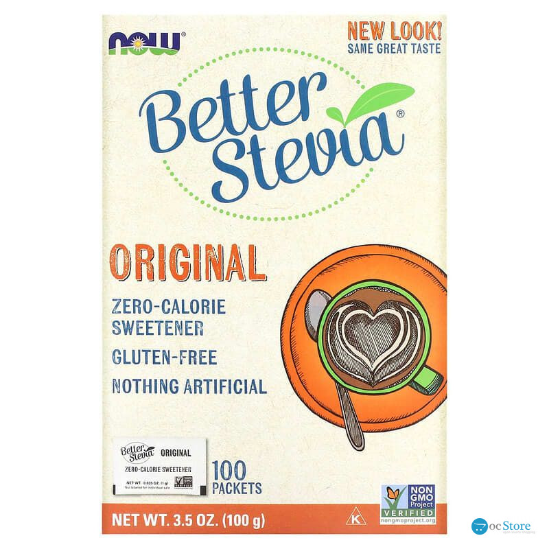 Стевія, BetterStevia, Now Foods, підсолоджувач з нульовою калорійністю, оригінальний, 100 пакетів, 100 г