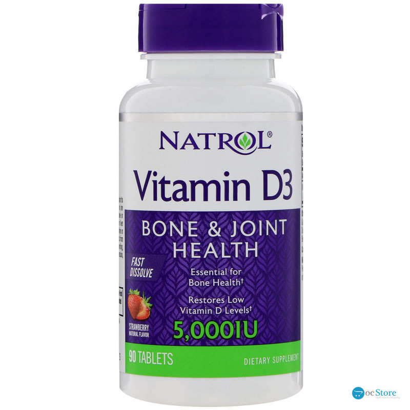 Вітамін D3, Vitamin D3, Natrol, смак полуниці, 5000 МО, 90 таблеток