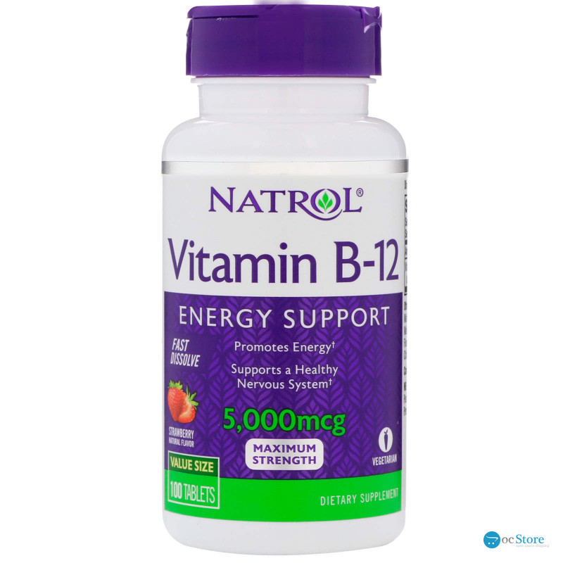 Вітамін В12, смак полуниці, Vitamin B-12, Natrol, 5000 мкг, 100 таблеток