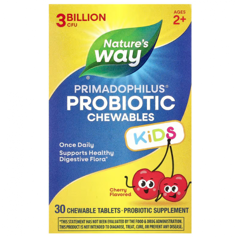 Пробіотики для дітей, Primadophilus® Kids Probiotic Chewable, для дітей від 2 років, з вишневим смаком, 3 млрд КУО, 30 жувальних таблеток