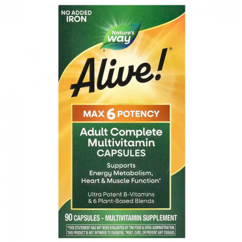 Мультивітаміни, Alive!, Adult Complete Multivitamin, Nature's Way, без додавання заліза, 90 капсул