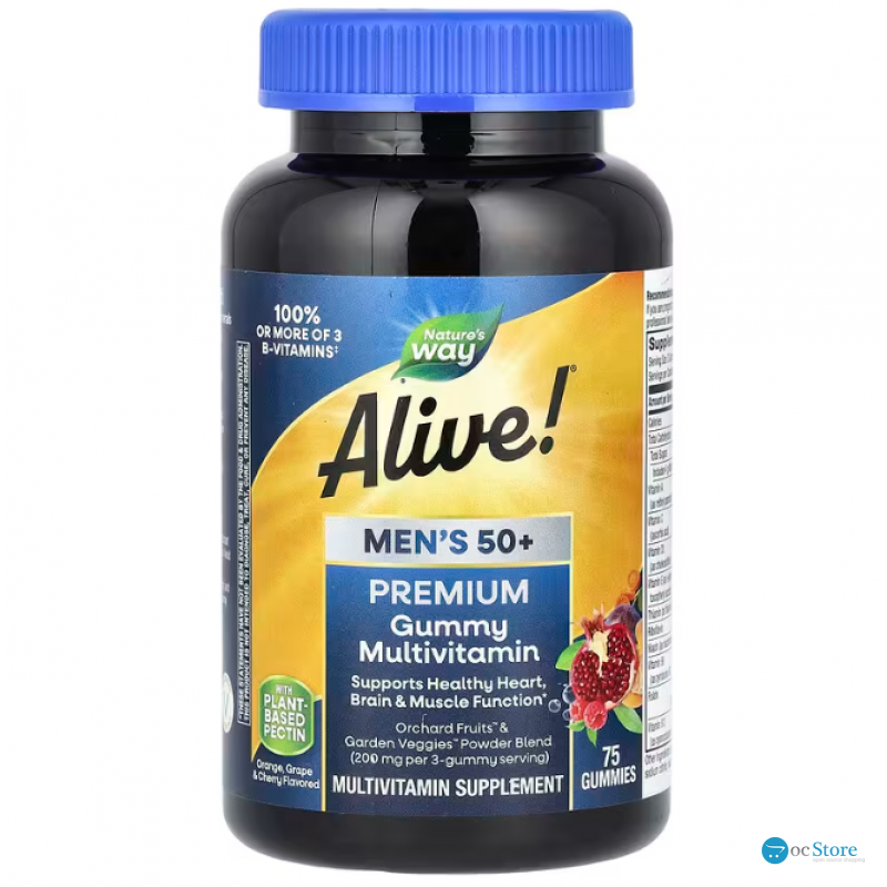 Мультивітаміни для чоловіків 50+, Alive! Men's Multi-Vitamin Multi-Mineral, Nature's Way, апельсин, виноград і вишня, 75 жувальних цукерок