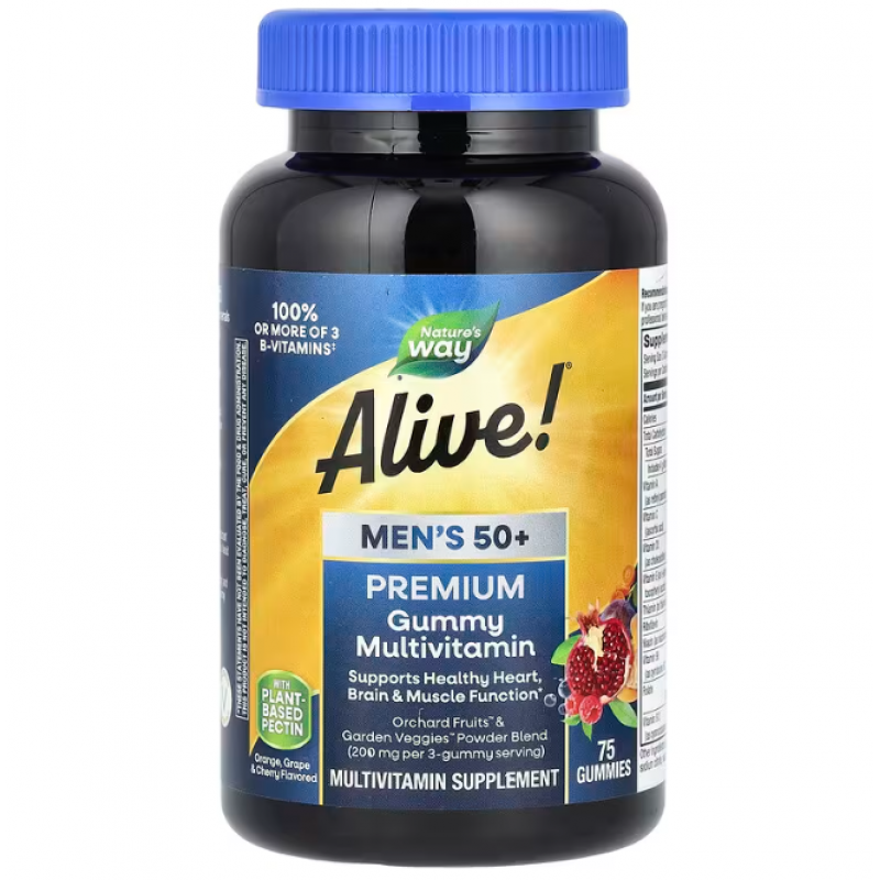 Мультивітаміни для чоловіків 50+, Alive! Men's Multi-Vitamin Multi-Mineral, Nature's Way, апельсин, виноград і вишня, 75 жувальних цукерок