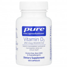Вітамін D3, Vitamin D3, Pure Encapsulations, для підтримки здоров'я кісток, суглобів, грудей, простати, серця, товстої кишки та імунітету, 250 мкг (10 000 МО), 120 капсул