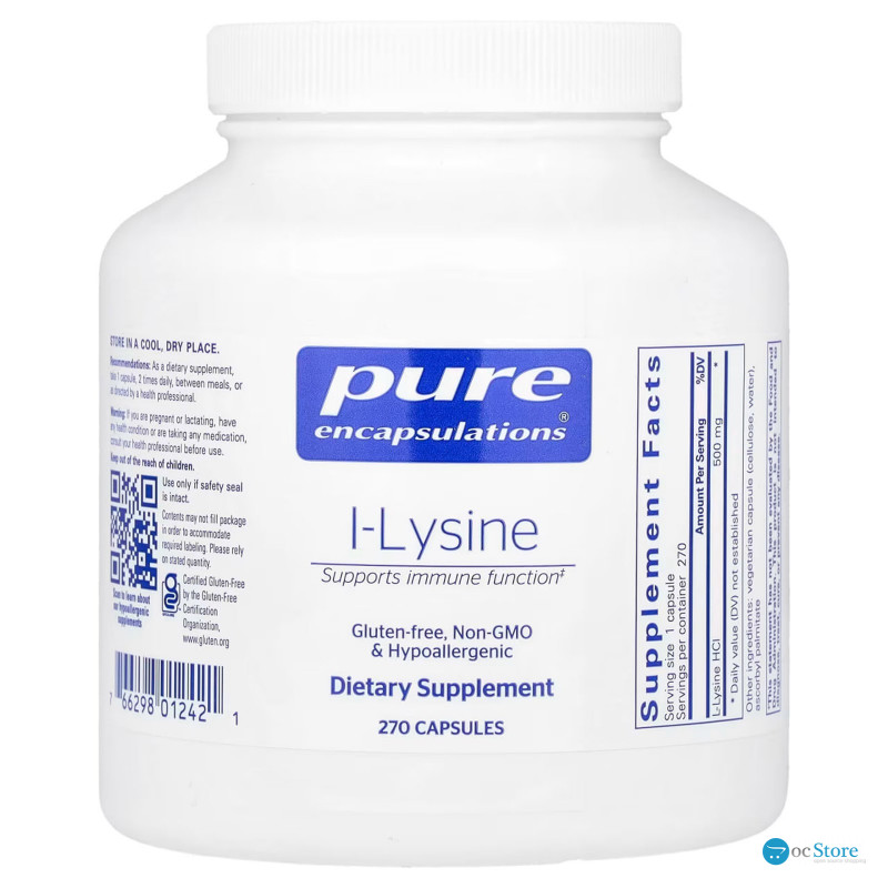 L-лізин HCl, l-Lysine, Pure Encapsulations, підтримка імунітету, здоров'я ясен та губ, 500 мг, 270 капсул