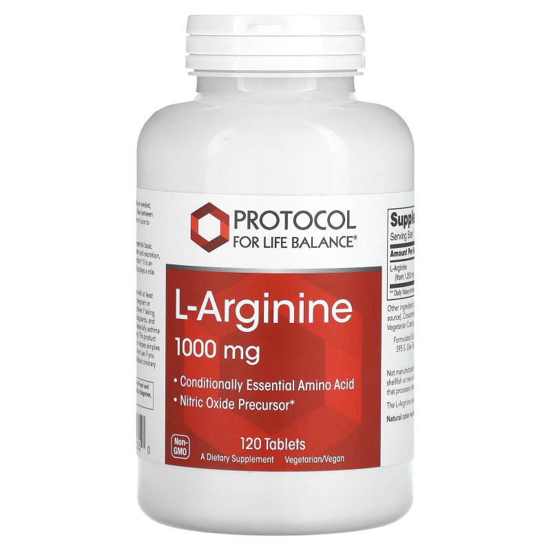 L-аргінін, L-Arginine, Protocol for Life Balance, 1000 мг, 120 веганських таблеток