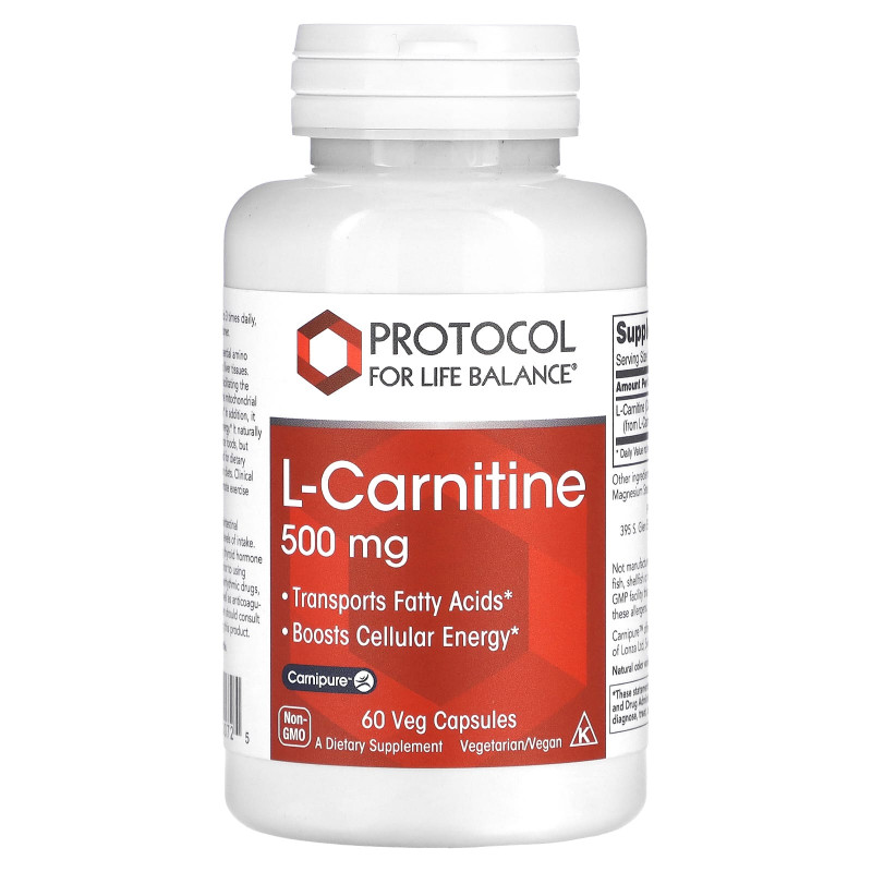 L-карнітин, L-Carnitine, Protocol for Life Balance, 500 мг, 60 вегетаріанських капсул