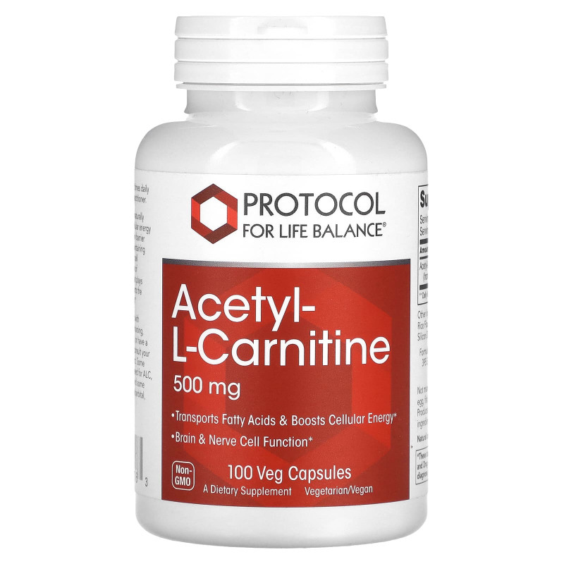 Ацетил-L-карнітин, Acetyl-L-Carnitine, Protocol for Life Balance, 500 мг, 100 веганських капсул
