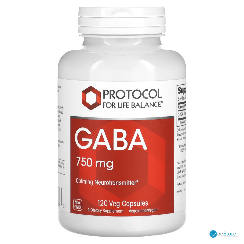 Гамма-аміномасляна кислота, ГАМК, GABA, Protocol for Life Balance, 750 мг, 120 веганських капсул