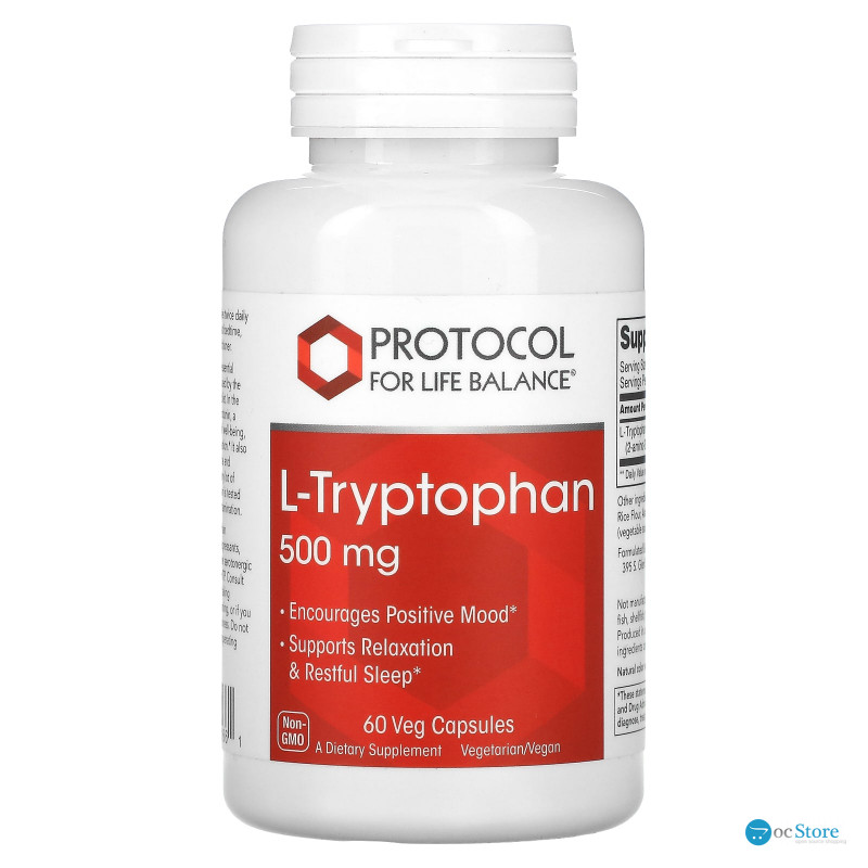 Триптофан, L-Tryptophan, Protocol for Life Balance, 500 мг, 60 веганських капсул