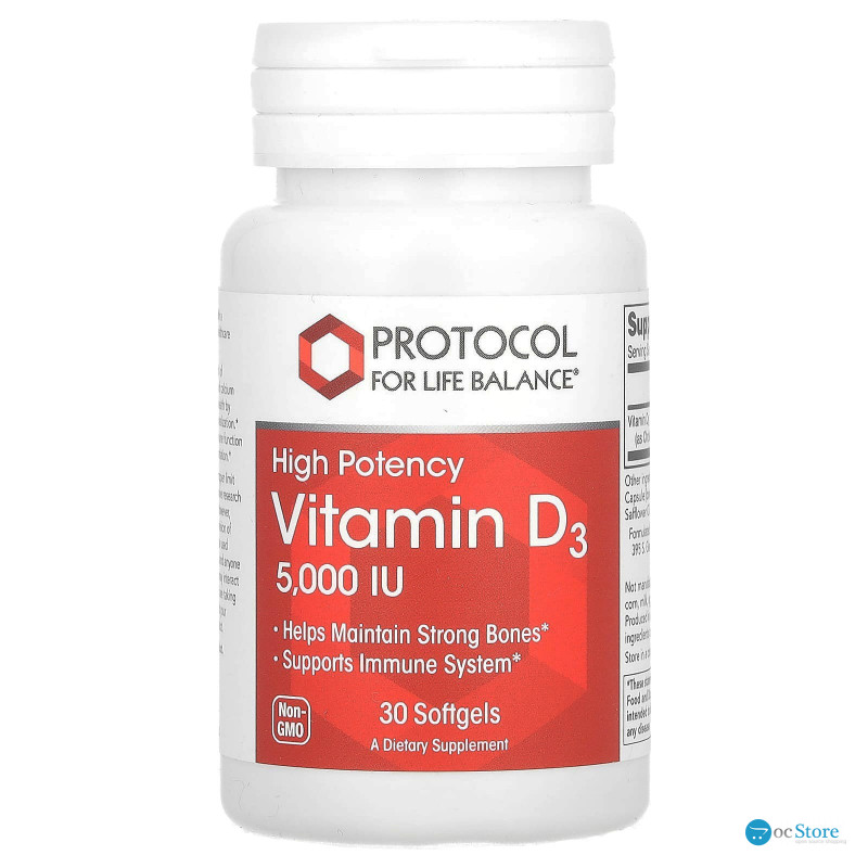 Вітамін D3, Vitamin D3, Protocol for Life Balance, висока ефективність, 5000 МО, 30 гелевих капсул