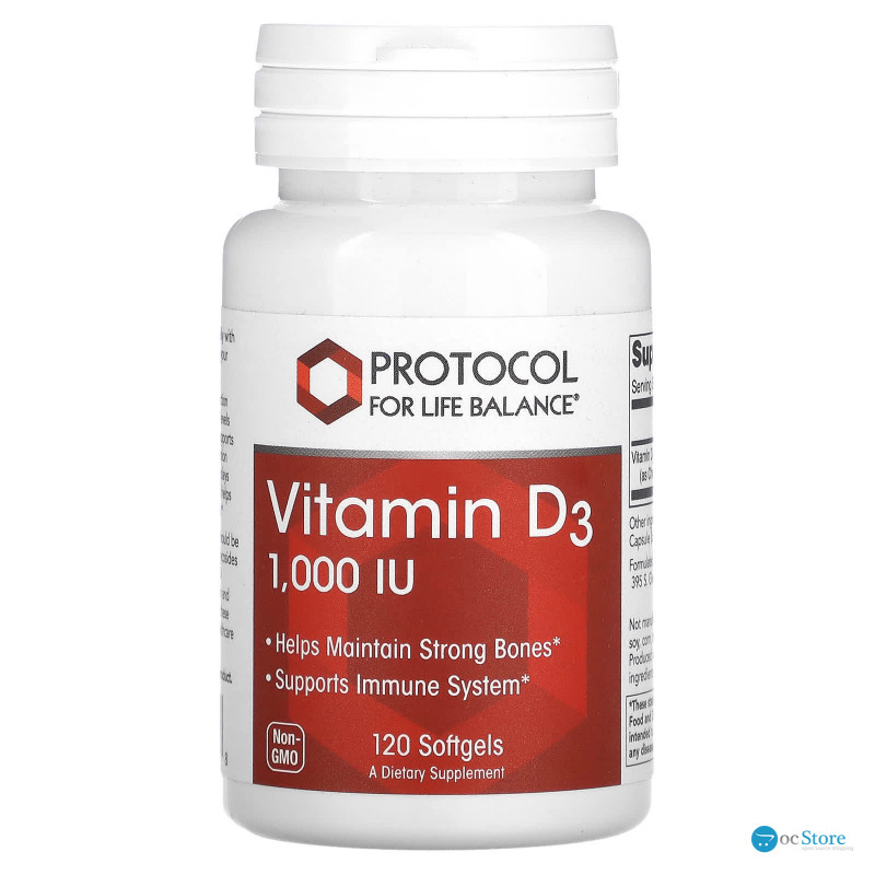 Вітамін D3, Vitamin D3, Protocol for Life Balance, 1000 МО, 120 гелевих капсул