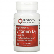 Вітамін D3, Vitamin D3, Protocol for Life Balance, 5000 МО, 120 гелевих капсул