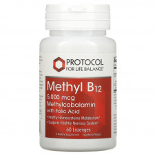 Метилкобаламін з фолієвою кислотою, Methyl B12, Protocol for Life Balance, 5000 мкг, 60 пастилок
