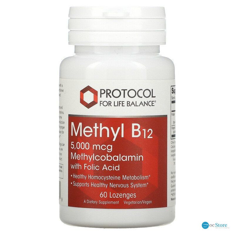 Метилкобаламін з фолієвою кислотою, Methyl B12, Protocol for Life Balance, 5000 мкг, 60 пастилок