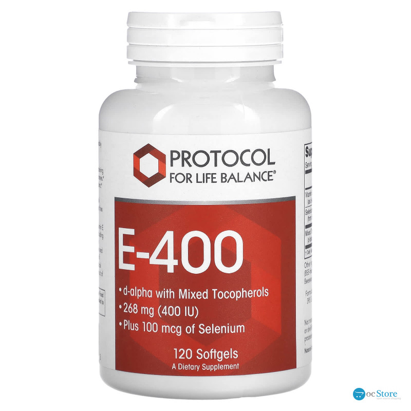 Вітамін Е, E-400, Protocol for Life Balance, змішані токофероли та селен, 268 мг (400 МО), 120 гелевих капсул