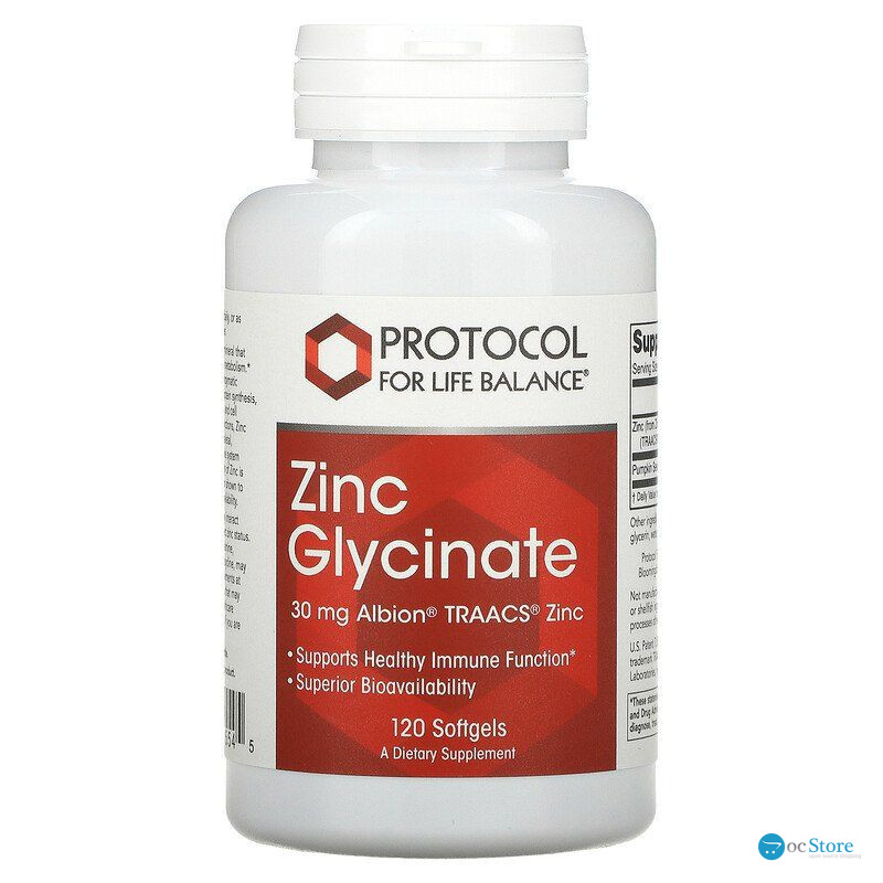 Гліцинат цинку, Zinc Glycinate, Protocol for Life Balance, 30 мг, 120 гелевих капсул