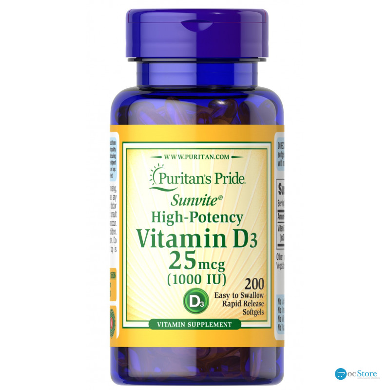 Вітамін D3, Vitamin D3, Puritan's Pride, 25 мкг (1000 МО), 200 гелевих капсул