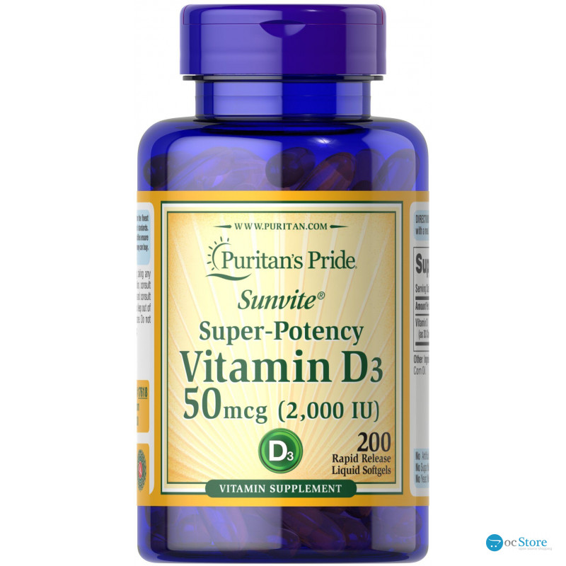 Вітамін D3, Vitamin D3, Puritan's Pride, 2000 МО, 200 капсул