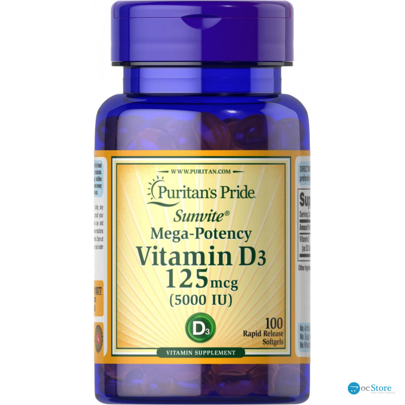 Вітамін D3, Vitamin D3, Puritan's Pride, 5000 МО, 100 гелевих капсул