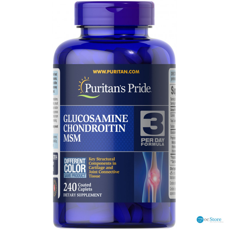 Глюкозамін хондроїтин і МСМ, Glucosamine, Chondroitin & MSM -3 Per Day Formula, Puritan's Pride, 240 каплет