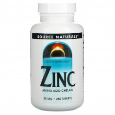 Цинк хелат, Zinc, Source Naturals, 50 мг, 250 таблеток