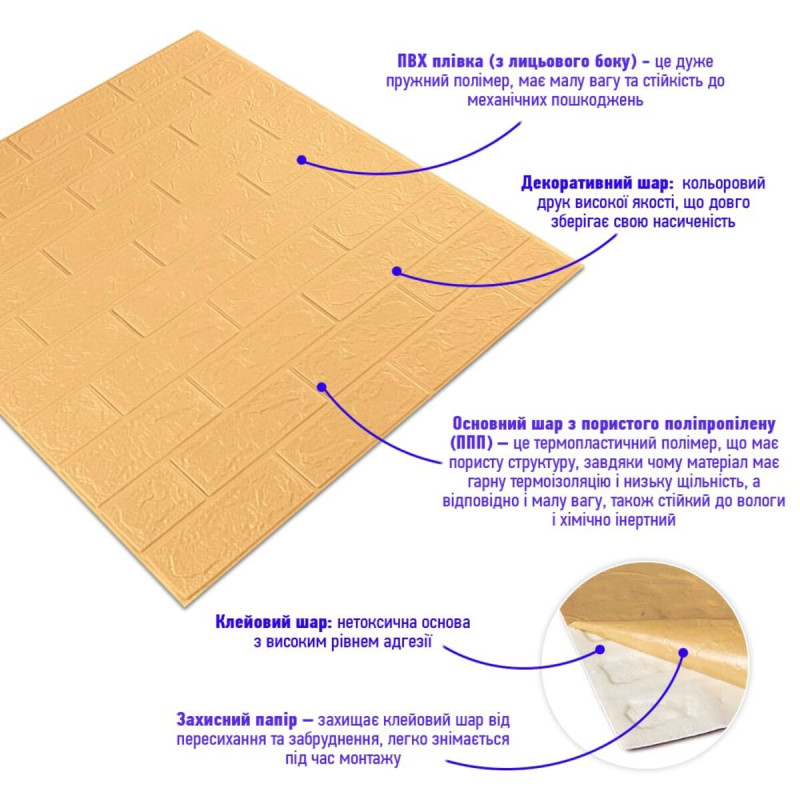 3D панель самоклеюча 700х770х3мм цегла Жовто-пісочна (009-3) SW-00000229