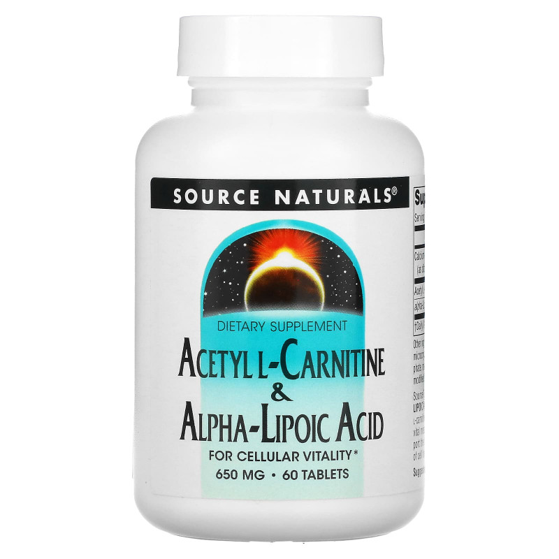 Ацетил карнітин + альфа-ліпоєва кислота, Acetyl L-Carnitine & Alpha Lipoic Acid, Source Naturals, 650 мг, 60 таблеток