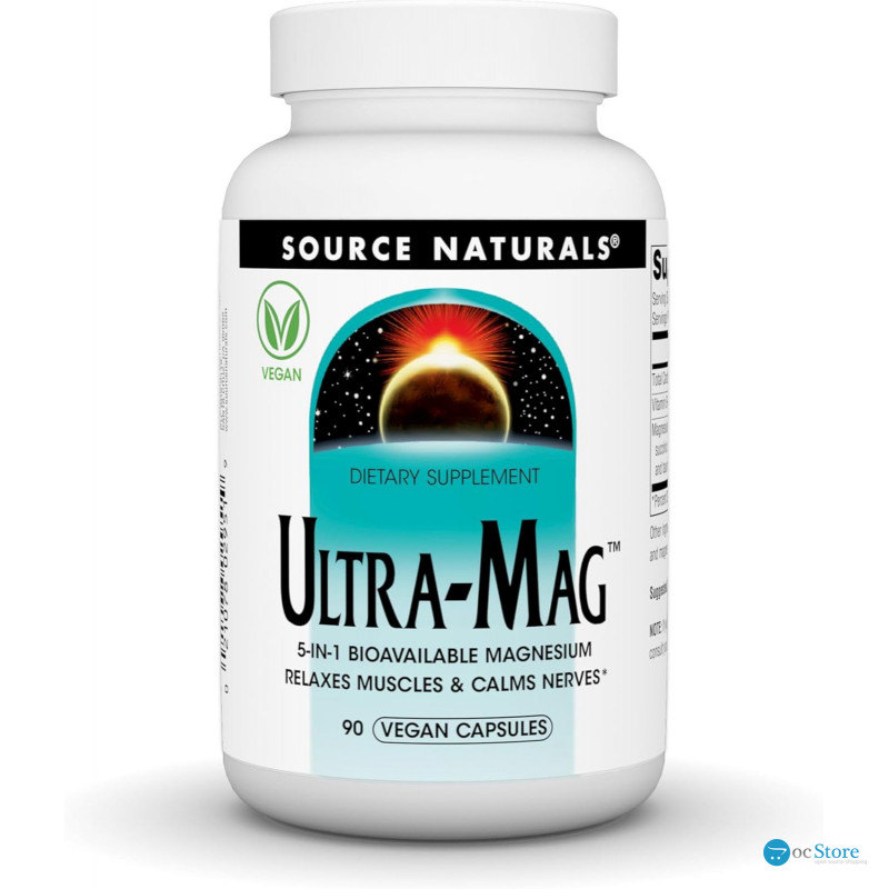 Магній ультра, Ultra-Mag, Source Naturals, 5-в-1, розслаблює м'язи та заспокоює нерви, 90 веганських капсул