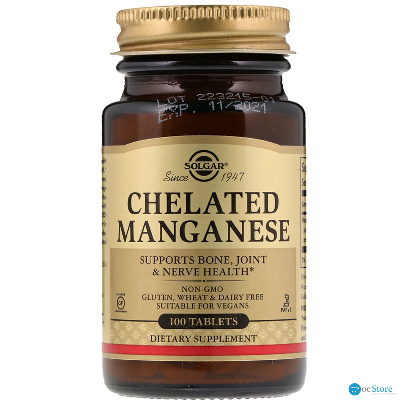 Марганець, Chelated Manganese, Solgar, хелатний, 100 таблеток