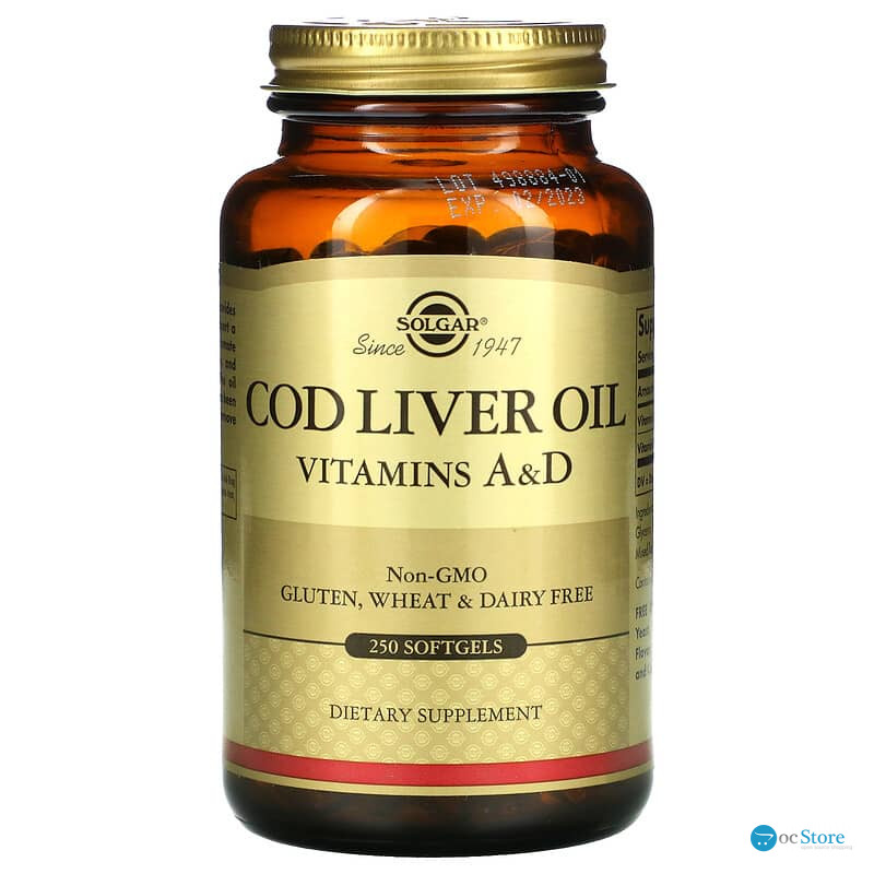 Вітамін А і D з олії печінки тріски, Cod Liver Oil, Vitamins A & D, Solgar, 250 гелевих капсул