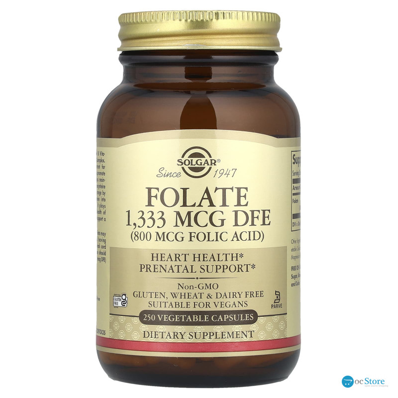 Фолат, Folate, Solgar, фолієва кислота, 1333 мкг DFE, 250 вегетаріанських капсул