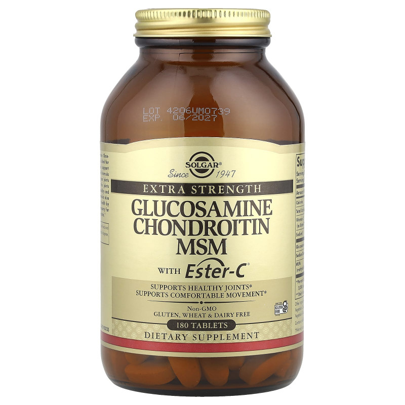 Глюкозамін, хондроїтин, метилсульфонілметан з Естер-C, Glucosamine Chondroitin MSM With Ester-C Solgar, 180 таблеток