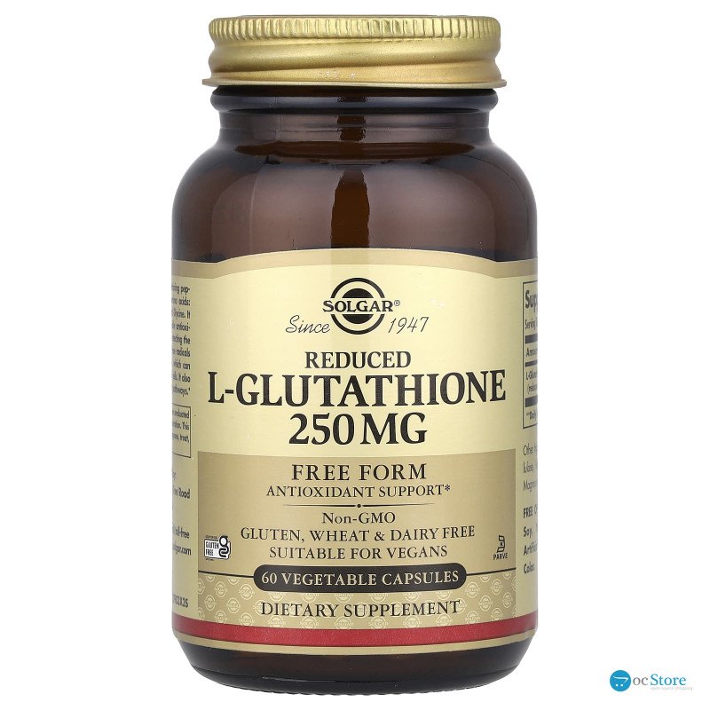Глутатіон, L-Glutathione, Solgar, знижений, 250 мг, 60 рослинних капсул