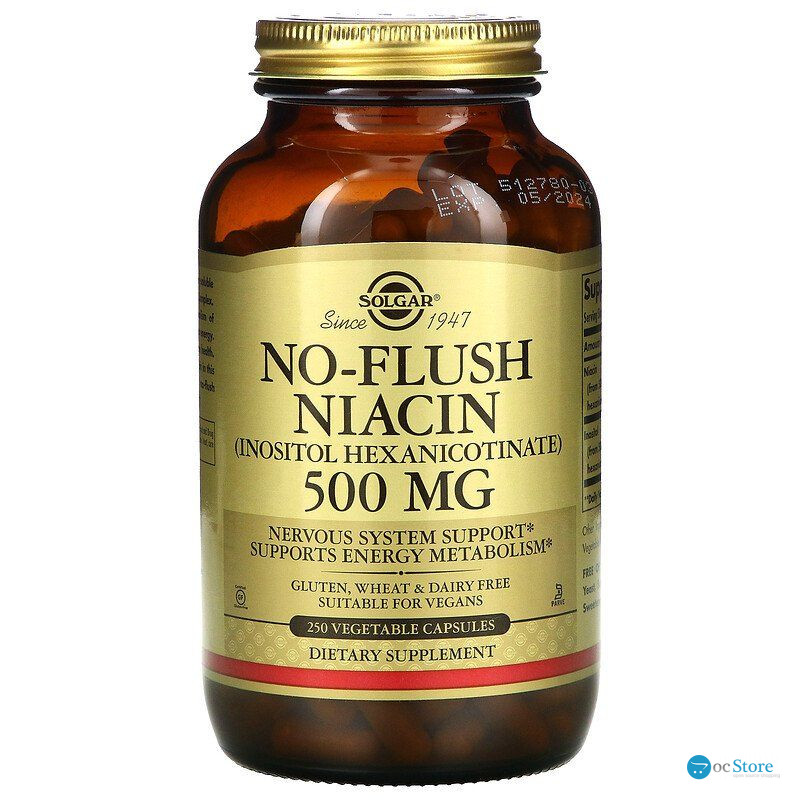 Ніацин, No-Flush Niacin, Solgar, не викликаючий почервоніння, 500 мг, 250 вегетаріанських капсул