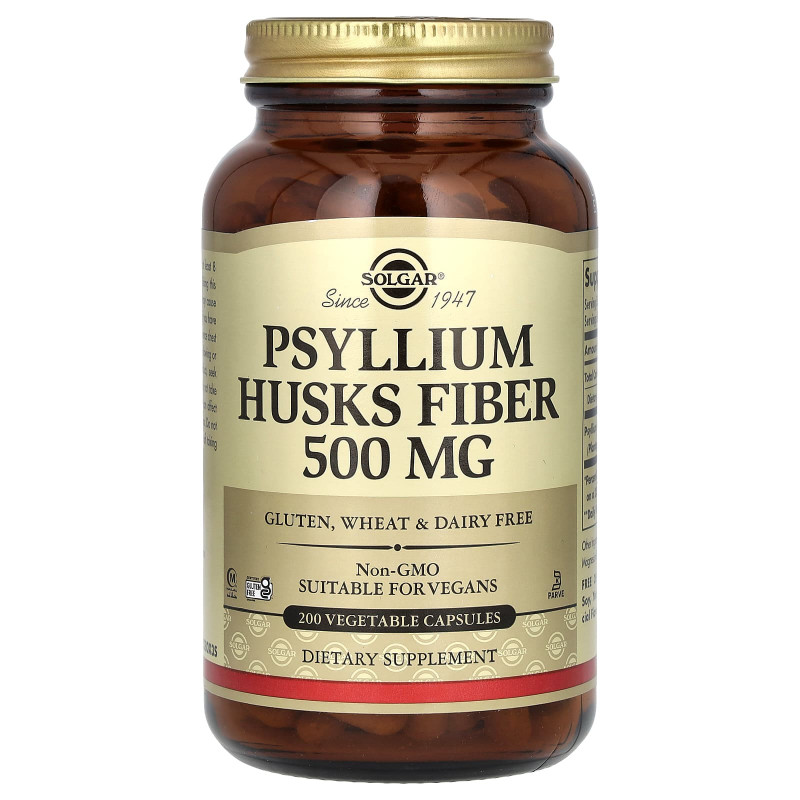 Подорожник, Psyllium Husks Fiber, Solgar, клітковина лушпиння, 500 мг, 200 вегетаріанських капсул