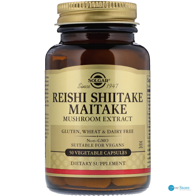 Лікувальні гриби рейші, шиїтаке і майтаке (Reishi Shiitake Maitake), Solgar, екстракт, 50 капсул
