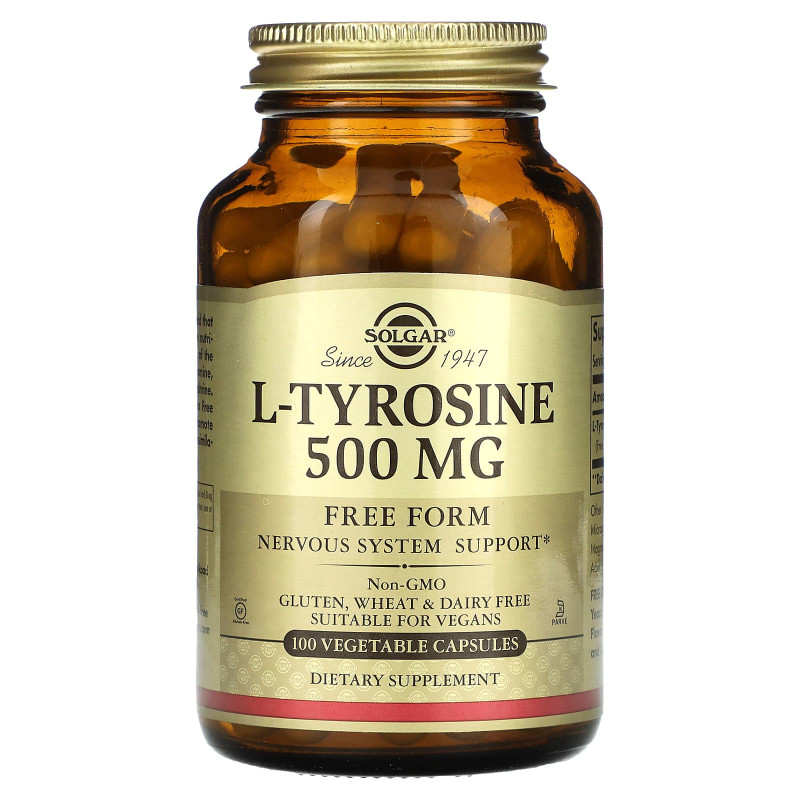 Тирозин, L-Tyrosine, Solgar, 500 мг, 100 вегетаріанських капсул