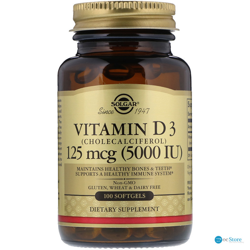 Вітамін D3 (холекальциферол), Vitamin D3, Solgar, 125 мкг (5000 МО), 100 гелевих капсул