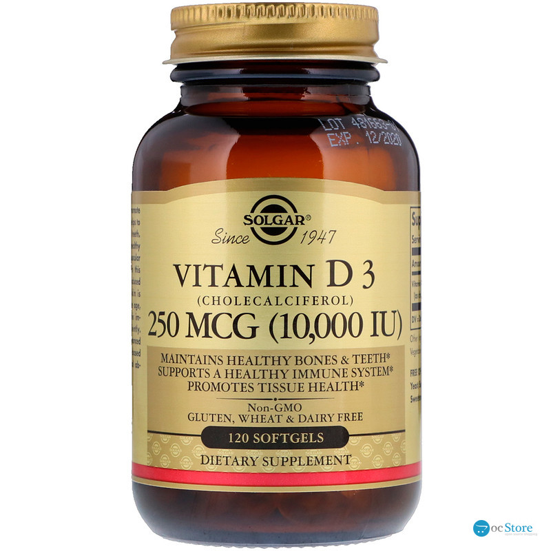 Вітамін D3 (холекальциферол), Vitamin D3 (Cholecalciferol), Solgar, 250 мкг (10000 МО), 120 гелевих капсул