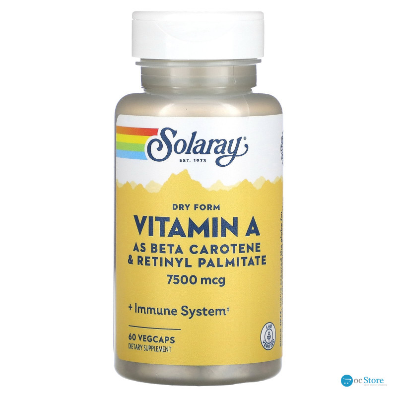 Вітамін А, Dry Vitamin A, Solaray, 7500 мкг, 60 вегетаріанських капсул